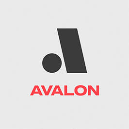 Geometric logo design. Letter "A" made from black shapes. Red text, "AVALON," below with gray background.