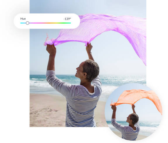 Color replacer tool next to photo of a scarf product - shows colors changing as slider moves.