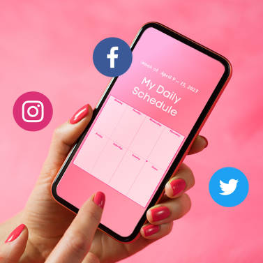 Pink iPhone showing "My Daily Schedule" against hot pink background with Twitter, Instagram, and Facebook social media icons.