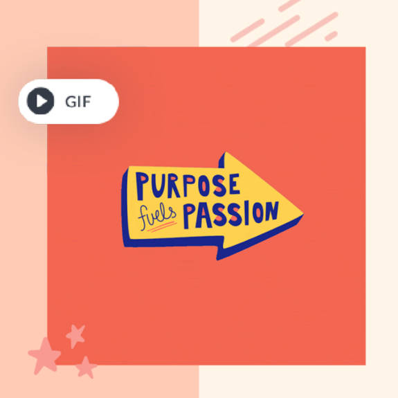 Bright red static image of GIF with 3-D yellow arrow in center and text "PURPOSE FUELS PASSION."