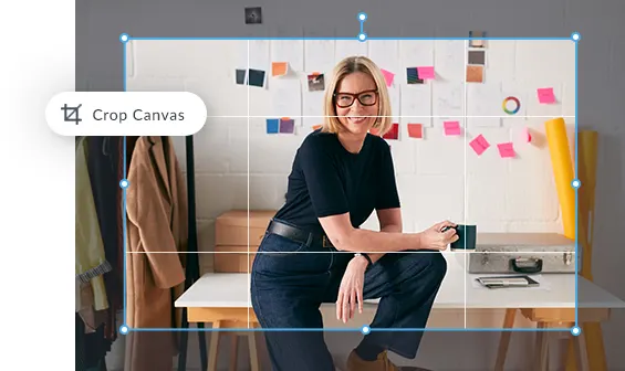 Online photo editor tools for adjusting size, exposure, background, colors, and touch up. Blonde woman with black glasses smiling and holding coffee mug with colorful post-its in background on white wall.