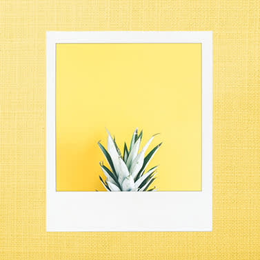 Yellow square background with polaroid photo graphic and top of pineapple showing in polaroid frame.