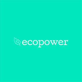 Logo design with mint green background. Leaf graphic and white text "ecopower" in center. 