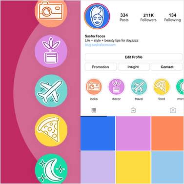 Colorful Instagram Highlight cover icons—a camera, plant, plane, pizza, and moon—shown by themselves and on a mock Instagram profile.