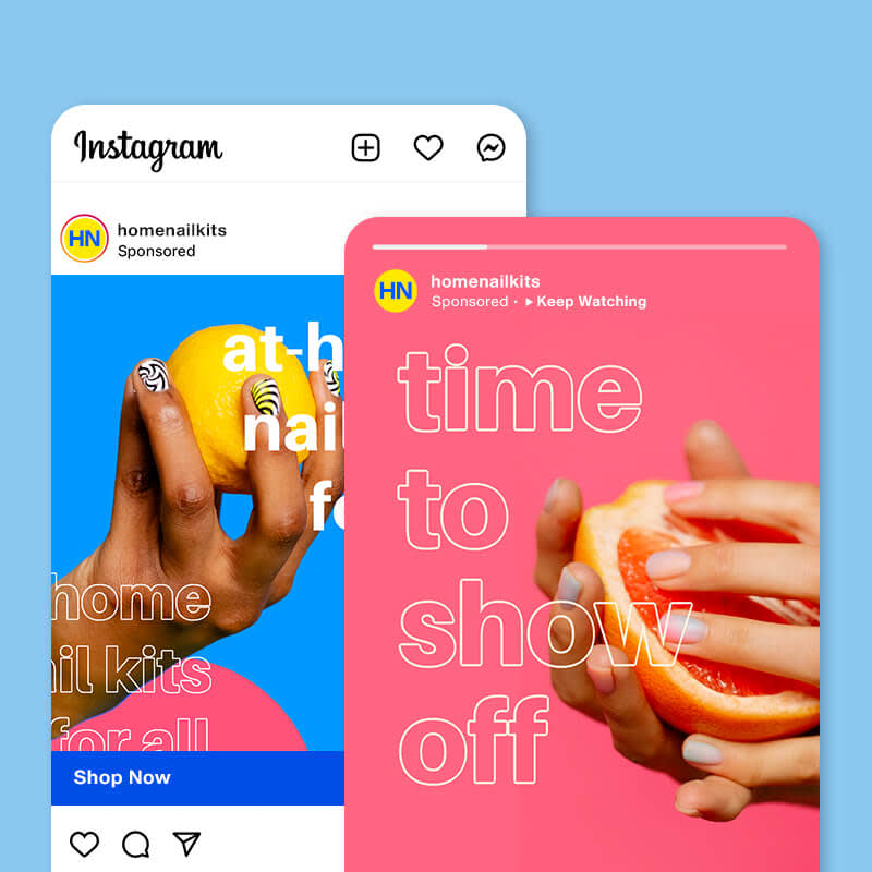 Instagram ad designs for at-home nail kit, featuring close-ups of hands with newly painted nails.