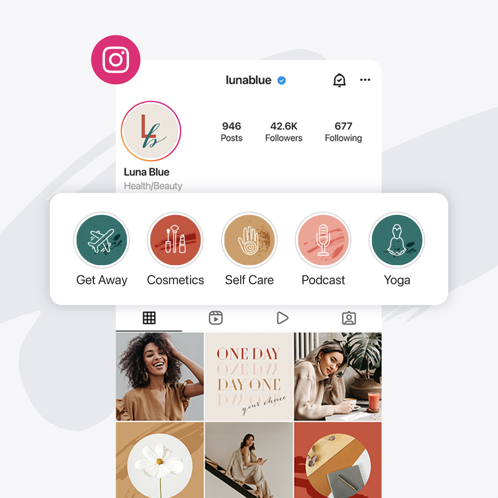 Instagram feed with highlight cover examples like "Get away," "Cosmetics," "Self-care," "Podcast," and "Yoga."