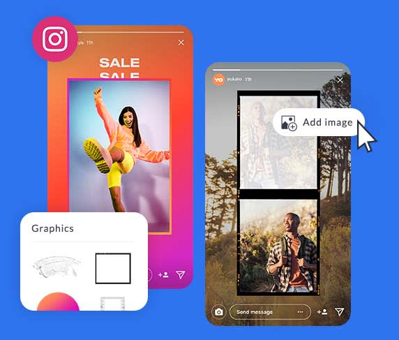 Instagram Stories showcasing a colorful clothing sale and a vintage framed man hiking with the ability to add graphics and images in PicMonkey.