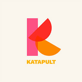 Geometric logo design. Letter "K" made from various shapes. Text "KATAPULT" underneath it. Gradient color scheme with beige background.