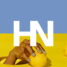 PicMonkey Logo template. Half solid blue, half image of hand grabbing a lemon, with white text overlay that reads "HN."