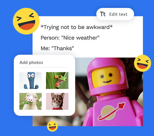 Lego-inspired meme design being made with PicMonkey's meme maker tools, like "Add photos" and "Edit text." Image of lego spaceman includes text "Trying not to be awkward." "Person: 'Nice weather.'" "Me: 'Thanks.'"