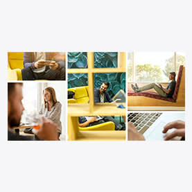 Business Collage example. Photo Collage LinkedIn Company Cover Template. Different angles of man and woman working from home with bright yellow and leafy green décor against natural lighting.