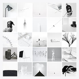 Monochromatic Collage template example: various items in black and white color palette.