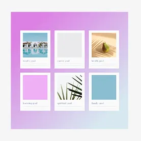 Vision board template with gradient color background and 2 x 3 polaroid frame grid for pictures and inspirational text. 