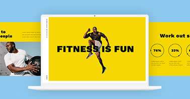 "Fitness is Fun" presentation design open on laptop. Dominant yellow color scheme. Laptop open against baby blue background. 