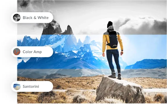 Photo filters and effects shown in PicMonkey including Black & White, Color Amp, and Santorini. Photo of man in winter gear on a rock with blue mountains in background and various applied effects.