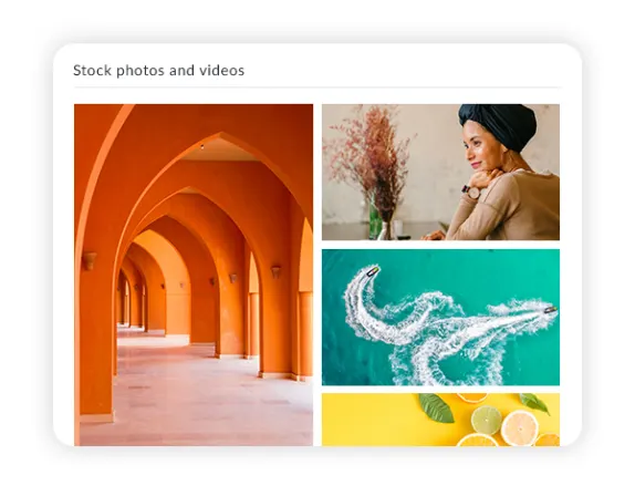 Collage of Shutterstock photos available in PicMonkey: ornate hallway, flat lay of lemons, aerial shot of boats in water, and smiling woman sitting at table.