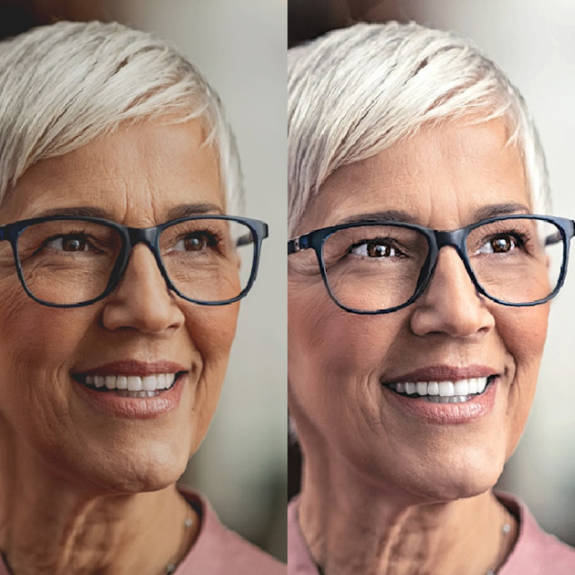 Before and after photos of a lightly touched up portrait of an older woman with glasses and short white hair