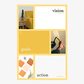 Vision board design template with space for "vision," "goals," and "action."