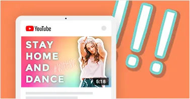 Trendy orange background with laptop and YouTube open, showcasing a YouTube template with rainbow colors and the text "STAY HOME AND DANCE."