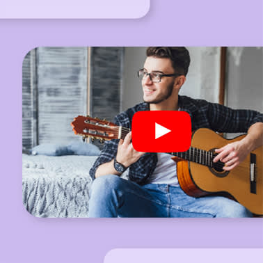 Man playing guitar in YouTube image cover with purple background.