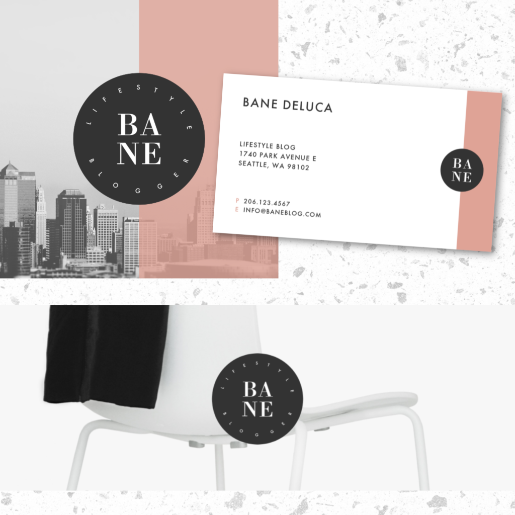 Various branding assets with black circular logo design on each. White company name text that reads "BANE," with 'B' and 'A' stacked on top of 'N' and 'E'.
