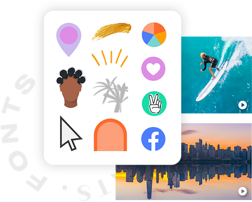 Various graphics — location pins, charts, social icons, shapes, brush strokes, etc. — available for use in PicMonkey, along with stock video examples and circle text that reads "FONTS".