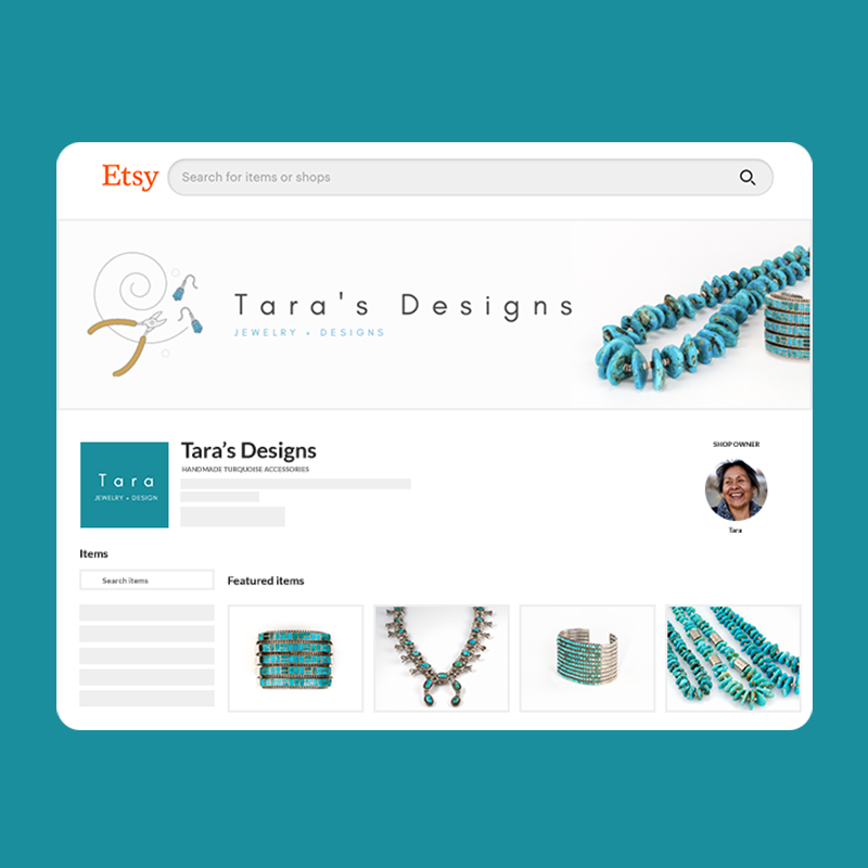 "Tara's designs" Etsy photo size example with jade and turquoise jewelry offerings.