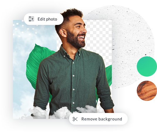 Sampling of PicMonkey Pro tools available for editing photo of smiling man in green shirt: Background Remover, color swatches, textures, photo editing options, and more.